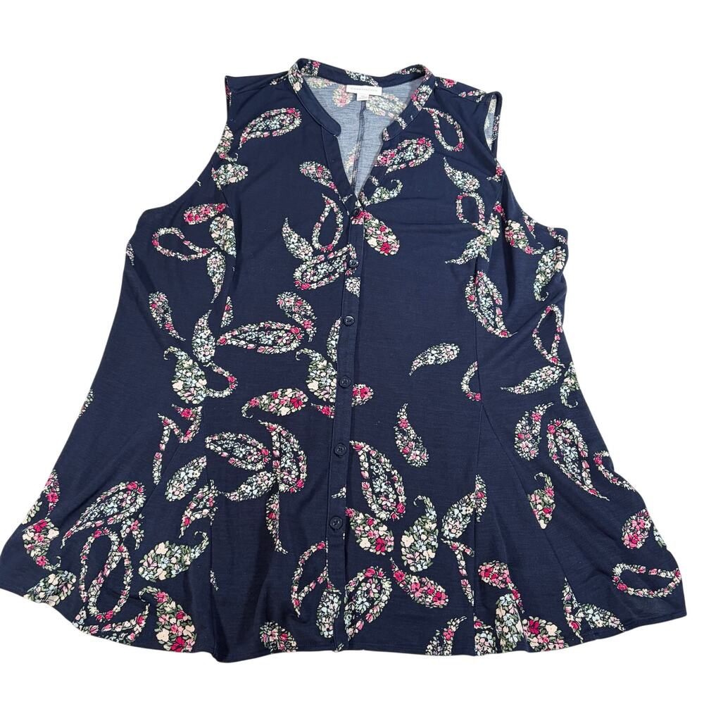 Charter Club womens navy floral paisley sleeveless button up top. Size XXL.